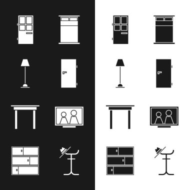 Set Closed door, Floor lamp, Big bed, Wooden table, Picture frame on, Coat stand and Shelf icon. Vector