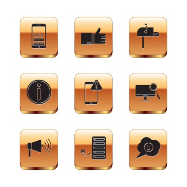 Set Mobile Question and Exclamation, Megaphone, Server, with exclamation mark, Information, Open mail box, Speech bubble angry smile and Hand thumb up icon. Vector