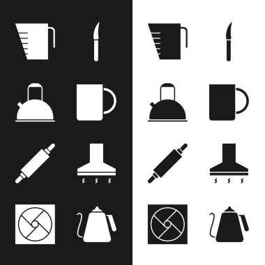 Set Coffee cup, Kettle with handle, Measuring, Knife, Rolling pin, Kitchen extractor fan, and Ventilation icon. Vector