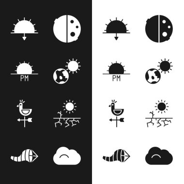 Set Earth globe and sun, Sunset, Eclipse of the, Rooster weather vane, Drought, Cloud and Cone meteorology windsock wind icon. Vector