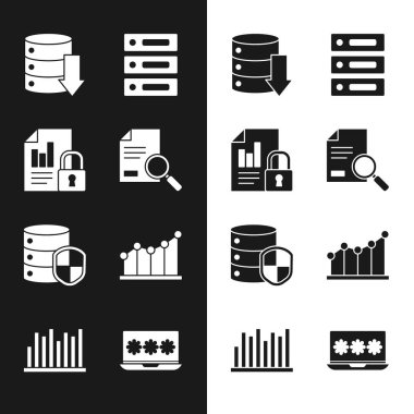 Set Document with search, and lock, Server, Data, Web Hosting, shield, Pie chart infographic, Laptop password and icon. Vector
