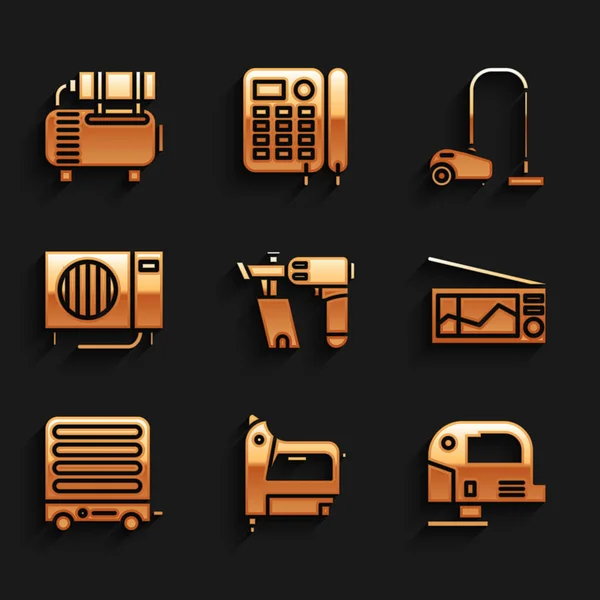 Set Nail gun, Electric construction stapler, jigsaw, Radio, heater and Air conditioner icon. Vector — стоковый вектор