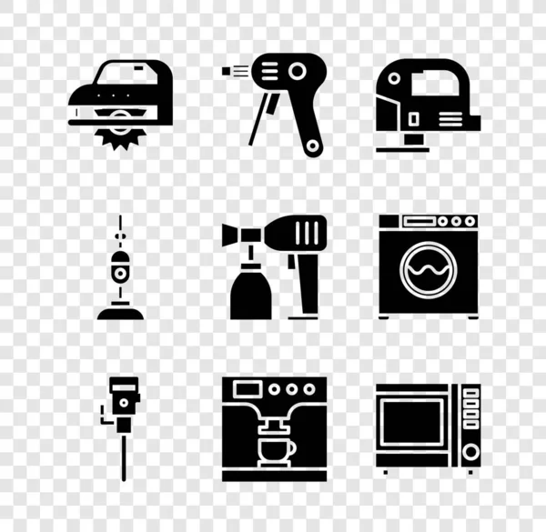 Set Electric circular saw, hot glue gun, jigsaw, Construction jackhammer, Coffee machine and cup and Microwave oven icon. Vector — Stockvector