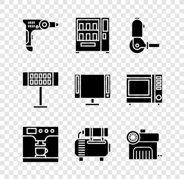Set Electric drill machine, Vending, Angle grinder, Coffee and cup, Air compressor and icon. Vector — Διανυσματικό Αρχείο