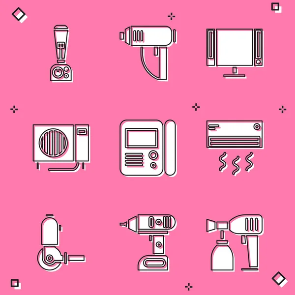 Set Blender, Electric industrial dryer, Smart Tv, Air conditioner, House intercom system and icon. Vector — Image vectorielle