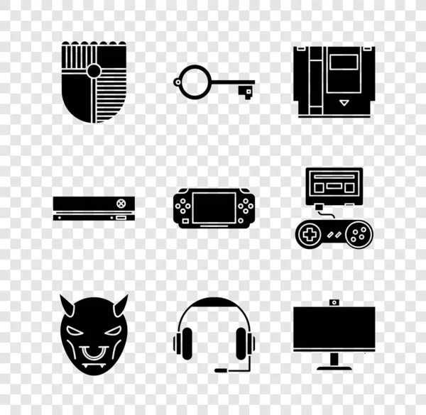 Set Shield for game, Ancient key, Cartridge, Mask of the devil with horns, Headphones, Computer monitor, Video console and Portable video icon. Vector — Stock Vector