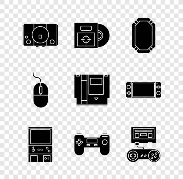 Set Video game console, CD or DVD disk in box, Poker table, Retro arcade machine, Gamepad, with joystick, Computer mouse and Cartridge icon. Vector — Stok Vektör