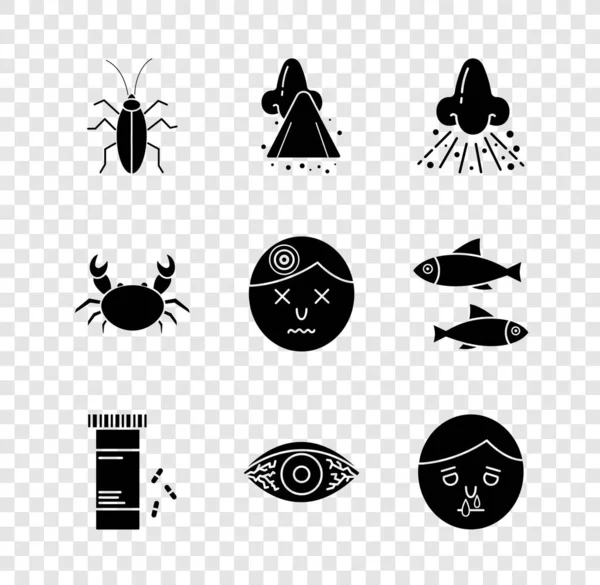 Set Cockroach, Runny nose, Medicine bottle and pills, Reddish eye allergic conjunctivitis, Crab and Man having headache icon. Vector — Stock Vector