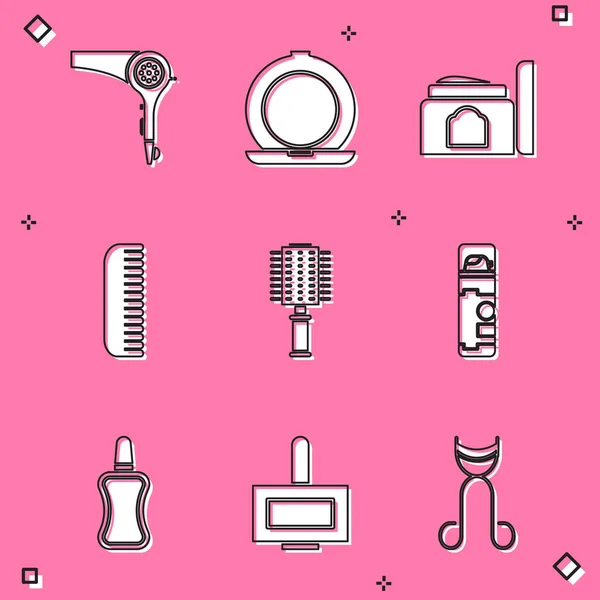 Set Hair dryer, Makeup powder with mirror, Cream cosmetic tube, Hairbrush, Shaving gel foam, Nail polish bottle and icon. Vector — Image vectorielle