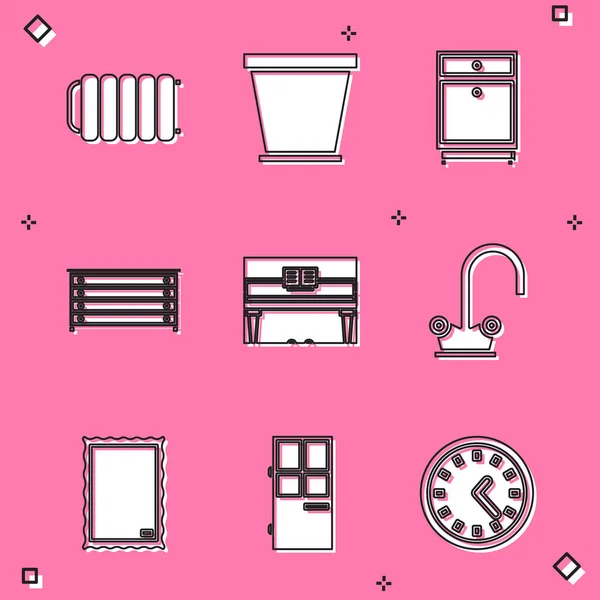 Set Heating radiator, Flower pot, Furniture nightstand, Chest of drawers, Grand piano, Water tap, Picture and Closed door icon. Vector — Archivo Imágenes Vectoriales