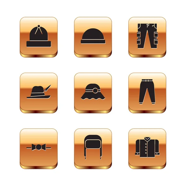 Set Winter hat, Bow tie, with ear flaps, Elegant women, Oktoberfest, Cargo pants, T-shirt and Beanie icon. Vector — Stok Vektör