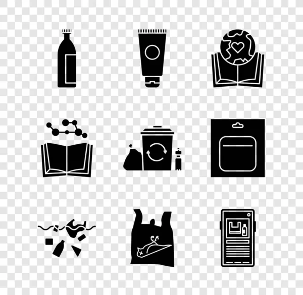 Set Lotion cosmetic tube, Cream, Earth globe and book, Problem of pollution planet, Dead bird, plastic, Stop, Open and Recycle bin with recycle icon. Vector — Image vectorielle