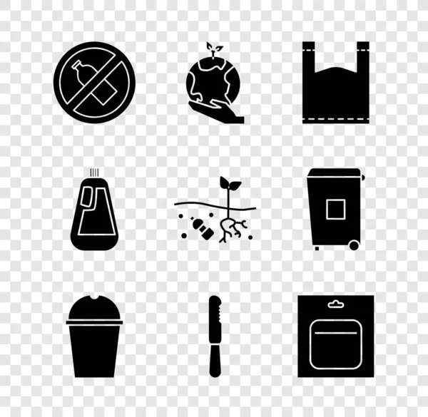 Set No plastic bottle, Hand holding Earth globe, Plastic bag, Paper glass water, Disposable knife, Battery pack, Bottle for dishwashing liquid and Problem of pollution planet icon. Vector — 图库矢量图片