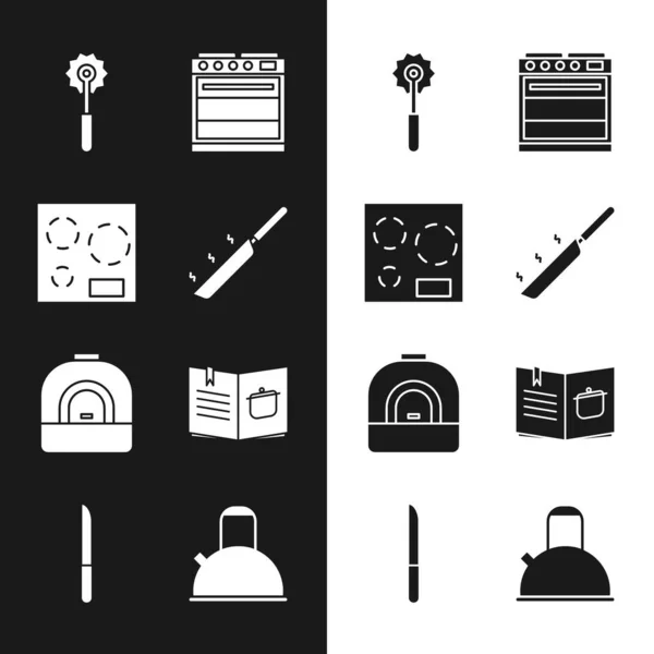 Set Frying pan, Electric stove, Pizza knife, Oven, Cookbook, Kettle with handle and Knife icon. Vector — Image vectorielle