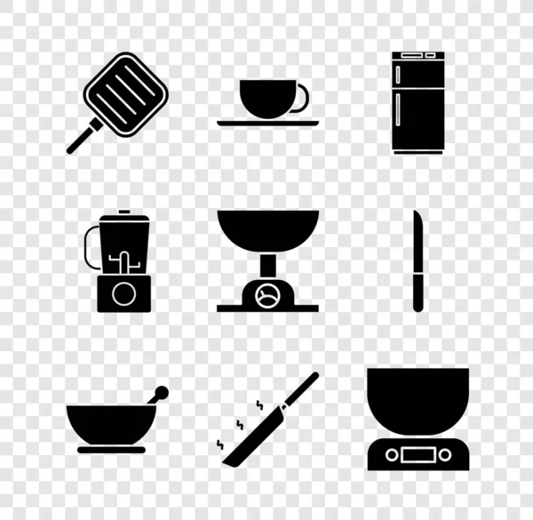 Set Frying pan, Coffee cup, Refrigerator, Mortar and pestle, Electronic scales, Blender and icon. Vector — Stockvector