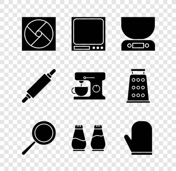 Set Ventilation, Electronic scales, Frying pan, Salt and pepper, Oven glove, Rolling pin and Electric mixer icon. Vector — Image vectorielle