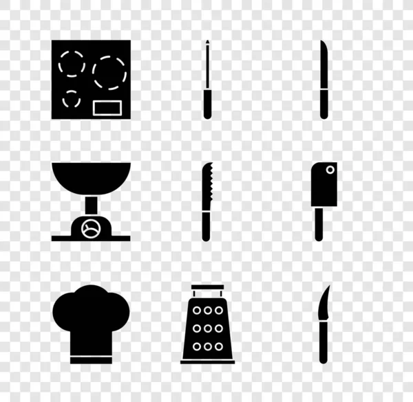 Set Electric stove, Knife sharpener, Chef hat, Grater, Electronic scales and Bread knife icon. Vector — Stock Vector