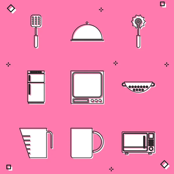 Встановіть Spatula, вкритий підносом, ножем для піци, холодильником, електронними вагами, кухонним друшляком, вимірювальною чашкою та значком кави. Векторні — стоковий вектор