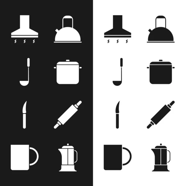 Set Cooking pot, Kitchen ladle, extractor fan, Kettle with handle, Knife, Rolling pin, French press and Coffee cup icon. Vector — Stok Vektör