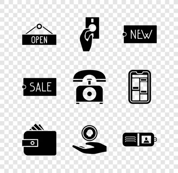 Set Hanging sign with Open, Hand holding money, Price tag text New, Wallet paper cash, coin, Sale and Telephone icon. Vector — 图库矢量图片