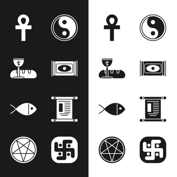 Set Traditional carpet, First communion symbols, Cross ankh, Yin Yang, Christian fish, Decree, paper, parchment, scroll, Jainism and Pentagram circle icon. Vector — Archivo Imágenes Vectoriales