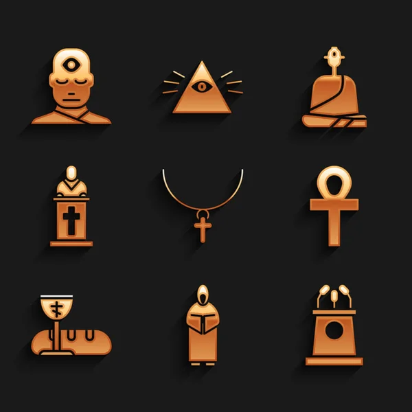 Set Christian cross on chain, Monk, Stage stand or tribune, Cross ankh, First communion symbols, Church pastor preaching, Buddhist monk and Man with third eye icon. Vector — Stock vektor