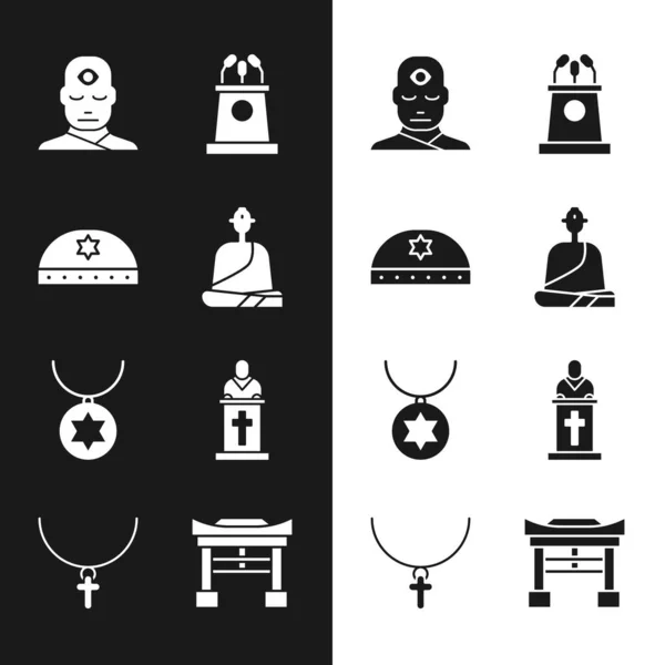 Set Buddhist monk, Jewish kippah with star of david, Man third eye, Stage stand or tribune, Star David necklace chain, Church pastor preaching, Japan Gate and Christian cross icon. Vector — ストックベクタ