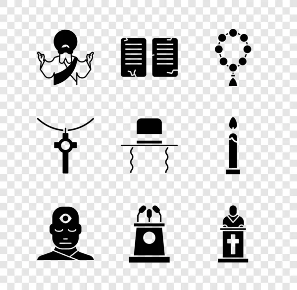 Set Jesus Christ, The commandments, Rosary beads religion, Man with third eye, Stage stand or tribune, Church pastor preaching, Christian cross chain and Orthodox jewish hat sidelocks icon. Vector — Vetor de Stock