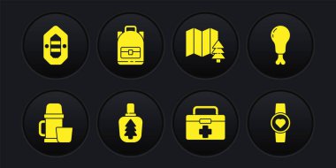 Set Thermos container and cup, Chicken leg, Canteen water bottle, First aid kit, Location of the forest, Hiking backpack, Smart watch showing heart beat rate and Rafting boat icon. Vector