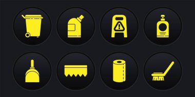 Set Dustpan, Hand sanitizer bottle, Sponge with bubbles, Paper towel roll, Wet floor cleaning in progress, Bottles for agent, Brush and Trash can icon. Vector