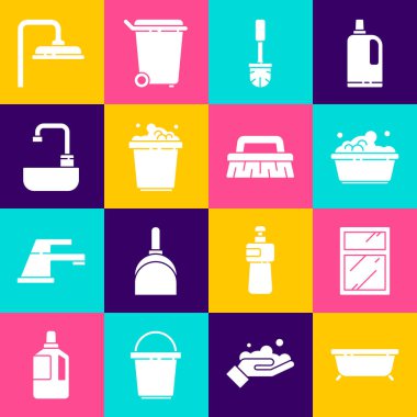 Set Bathtub, Cleaning service for windows, Plastic basin with soap suds, Toilet brush, Bucket, Washbasin water tap, Shower head and Brush cleaning icon. Vector