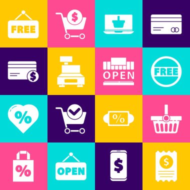 Set Paper check and financial check, Shopping basket, Price tag with Free, on laptop, Cash register machine, Credit card dollar, text and building open icon. Vector