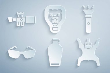 Set Canteen water bottle, Flashlight, Glasses, Bear skin, head on shield and Sniper optical sight icon. Vector