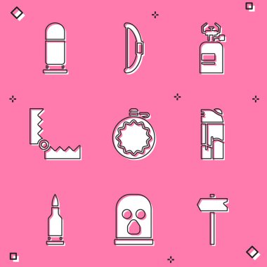 Set Bullet, Bow, Camping gas stove, Trap hunting, Canteen water bottle, Lighter, and Balaclava icon. Vector
