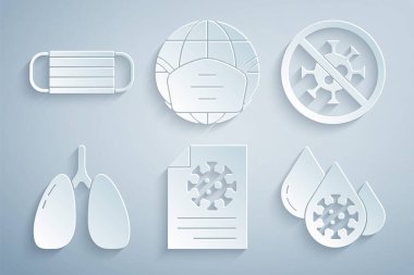 Set Clipboard with blood test results, Stop virus, Lungs, Blood and, Earth medical mask and Medical protective icon. Vector