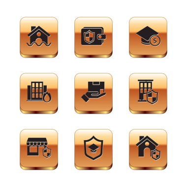 Set House flood, Shopping building with shield, Graduation cap, Delivery insurance, Fire burning house, and coin, and Wallet icon. Vector