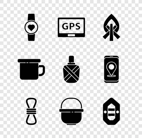 Set Smart watch showing heart beat rate, Gps device with map, Campfire, Climber rope, Camping pot, Rafting boat, metal mug and Canteen water bottle icon. Vector — Stockvector