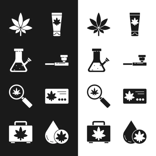 Set Smoking pipe, Glass bong for smoking cannabis, Marijuana leaf, Medical cream with marijuana, Magnifying glass and, Calendar, olive oil and Shopping box of icon. Vector —  Vetores de Stock