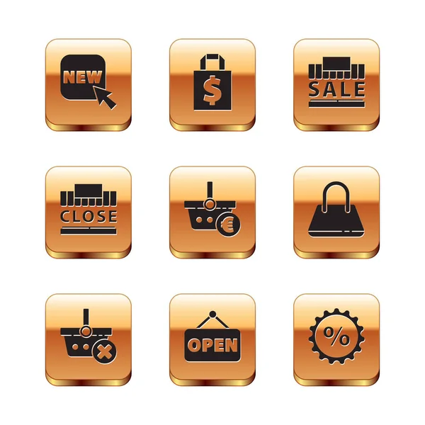 Set Button with text New, Remove shopping basket, Hanging sign Open, Shopping and euro, building closed, sale, Discount percent tag and Shoping bag dollar icon. Vector — Stockový vektor