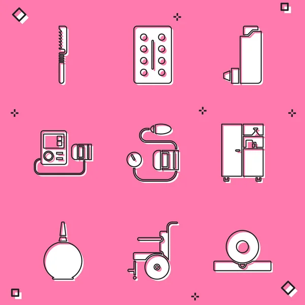 Set Medical saw, Pills in blister pack, Inhaler, Blood pressure, Medicine cabinet, Enema and Wheelchair for disabled person icon. Vector — Image vectorielle