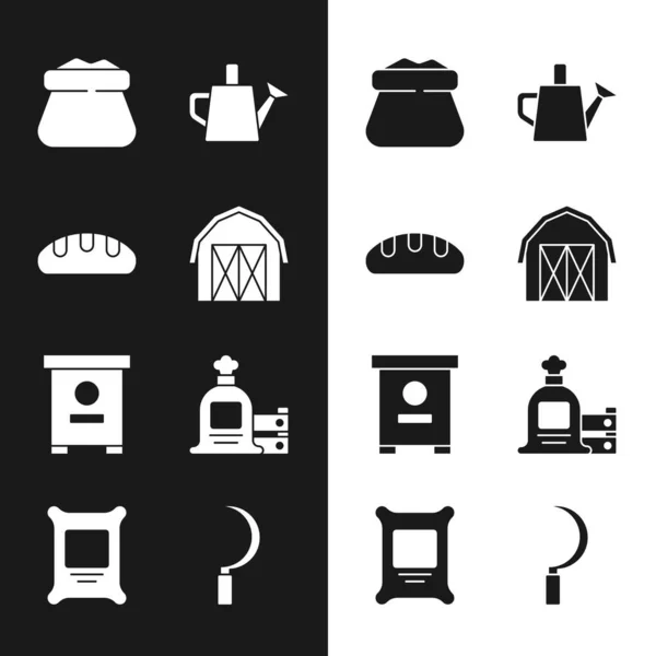 Set Farm house, Bread loaf, Full sack, Watering can, Hive for bees, and wooden box, Sickle and Fertilizer bag icon. Vector — Vettoriale Stock