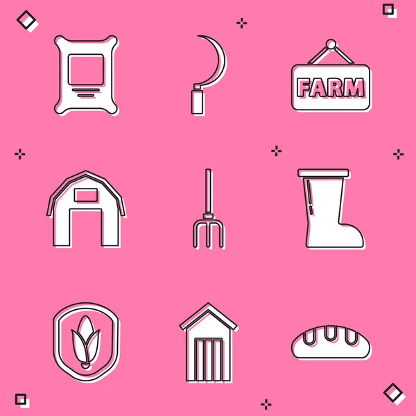 Set Fertilizer bag, Sickle, Signboard with text Farm, house, Garden pitchfork, Waterproof rubber boot, Shield corn and Wooden outdoor toilet icon. Vector — Vetor de Stock