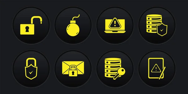Set Lock and check mark, Server with shield, Mail message lock password, security key, Laptop exclamation, Bomb ready explode, Tablet and Open padlock icon. Vector — Vetor de Stock