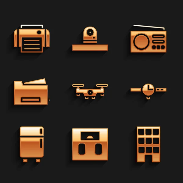 Set Drone flying, Bathroom scales, House, Wrist watch, Refrigerator, Printer, Radio and icon. Vector — Vector de stock