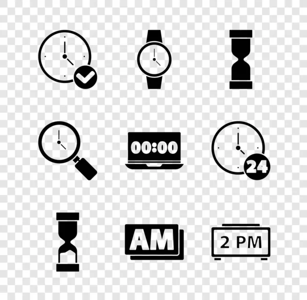 Set Reloj, Reloj de pulsera, Reloj de arena viejo, AM, Reloj despertador digital, lupa con y en el icono del ordenador portátil. Vector — Archivo Imágenes Vectoriales