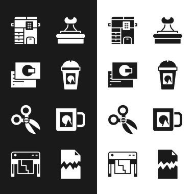 Kahve fincanını paket yap, kartvizit, fotokopi makinesi, pul, makas, kopyalanmış belge ve çizim simgesi. Vektör