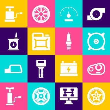 Araba tekerleği, far, ses hoparlörü, hız göstergesi motor yağı, hava pompası ve buji ikonu için tüp. Vektör