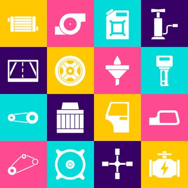 Motoru kontrol et, araba aynası, uzaktan kumandalı anahtar benzin, tekerlek, GPS, radyatör soğutma sistemi, huni ve yağ boşaltım ikonu için kutu. Vektör