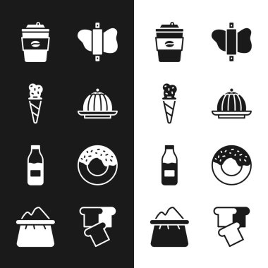 Muhallebi, dondurma külahı, kahve fincanı, rulo pin hamuru süt, çörek, ekmek tostu ve torba un ikonu. Vektör