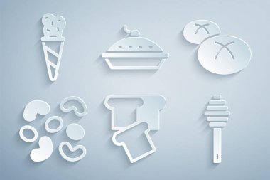 Ekmek tostu, somun ekmek, jöleli şeker, Bal Dipper çubuğu, ev yapımı turta ve waffle konisi ikonunda dondurma. Vektör